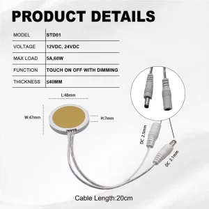 STD01 12V/24V IP20 60W Smart Touch Sensor Dimmer Switch, 5cm Sensing Range, ABS, for Cabinets, Wardrobes, and Hotels
