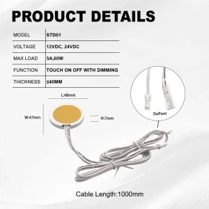 STD01 12V/24V Smart Hidden Dimmer Touch Sensor Switch, IP22, 60W, for Furniture LED Lamps