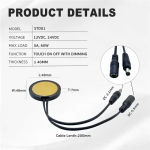 STD01 12V/24V Smart Hidden Dimmer Touch Sensor Switch, IP22, 60W, for Furniture LED Lamps