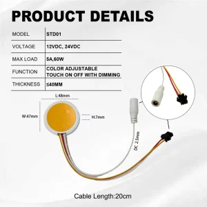 STD01 DC12V/24V CCT Dimming Hidden Smart Touch Sensor Switch, 5cm Range, IP20, 60W, ABS, for Hotel Cabinets and Wardrobes