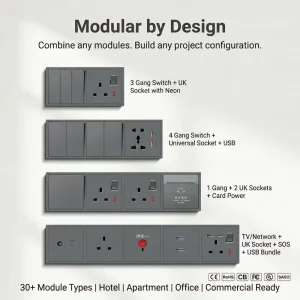 Screwless Modular UK Wall Switch Socket with Dual USB 13A 45A Key Card SOS Dimmer Hotel Multi functional Wall Plate CE BS1363