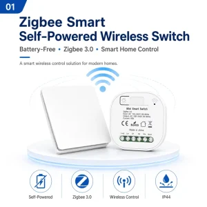 Self-Powered Waterproof Double-Pole 1-Gang 1-Way Wireless Wall Switch Panel IP44