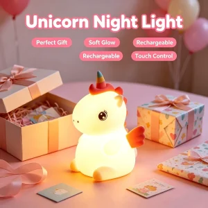 Silicone Unicorn Night Light USB Rechargeable Touch RGB Color-Changing Bedside Lamp for Nursery
