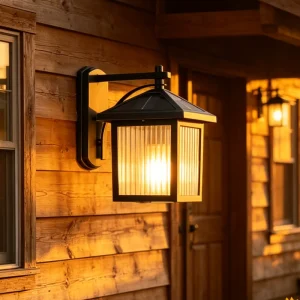 Simple Wall Mounted E27 Aluminum Alloy Lamp Square Hut Frame Vertical Stripe Glass Shade Waterproof Outdoor Wall Light