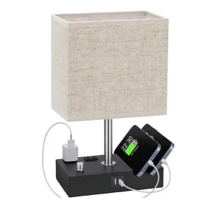 Small Bedside Nightstand Table Lamp with USB C Charging Ports Phone Holder Fully Dimmable Wooden Desk Lamp for Bedroom
