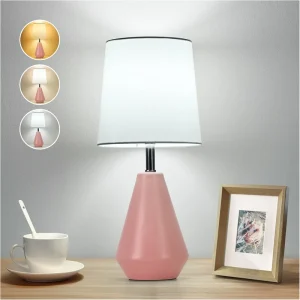 Small Bedside Table Lamp for Bedroom Reading Desk Lamp with 3 Color Temperatures 15.5″ Nightstand Ceramic Lamp with Fabric Shade