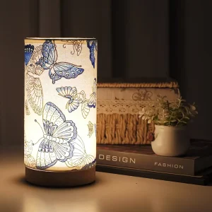 Small USB Bedside Table Lamp with Minimalist Line Fabric Shade for Bedroom, Living Room, Dorm or Office