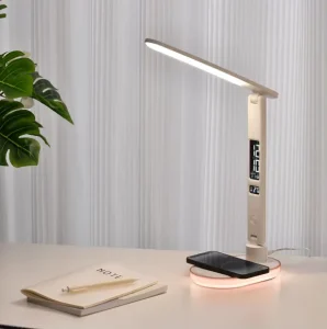 Smart Bedside Lamp with Wireless Charger, RGB Base, 5-Level Brightness, Alarm Clock
