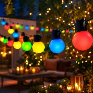 Smart Color Changing Festoon String Lights with Bluetooth App Control and Timer 50ft S14 Shatterproof Bulbs for Backyard Pergola