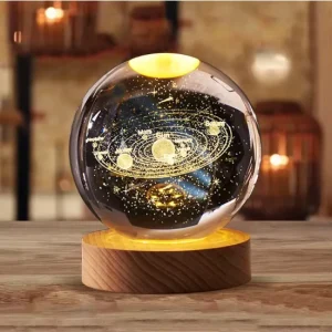 Smart Home Modern Wooden Base 3D Solar System Crystal Ball Night Light with LED Contemporary Design
