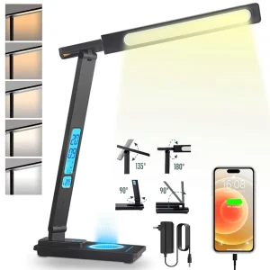 Smart LED Desk Lamp with Wireless Charger, LCD Display and Timer, Foldable Table Lamp for Work and Reading
