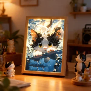 Smart Light Painting With Switch Control 3 Color Nightlight Light up Painting Cute Cat Wood Frame Poster Led Strips Shadow