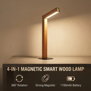 Smart Magnetic Wooden 4-in-1 Table Lamp, 360-Degree Rotating, Rechargeable, Stepless Dimming