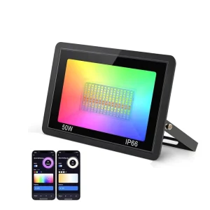 Smart Outdoor WiFi RGB LED Floodlight with Remote Control 50W/100W IP66 Aluminum Body Garden AC Power Supply