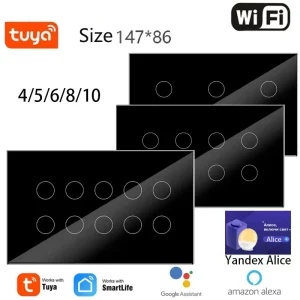Smart Wall Switch 4/5/6/8/10 Gang Tempered Glass Touch Screen WiFi Remote Control Smart Home Automation