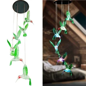 Solar Hummingbird Wind Chime Light Outdoor Hanging LED Color Changing Garden Decor Ornament