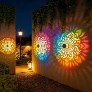 Solar Mandala Wall Light Outdoor Garden Fence Projector Lamp Ambient Decor