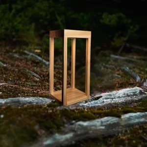 Solar Outdoor Garden Light Hangable with LED Lighting and a Wooden Frame in a Natural Style