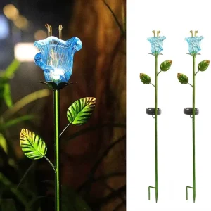 Solar Powered Metal Stake Lights with Blue Bell Glass Lily LED Decorative Garden Lights for Ornaments