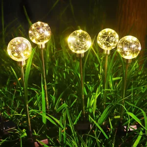 Solar Powered Round Reed Bulb Ground Stake Light Outdoor Lawn Lamp for Garden Patio