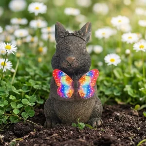 Solar Rabbit Garden Statue with Illuminated Butterfly Resin Outdoor Decor Light Aluminum Board LED Lamp for Patio