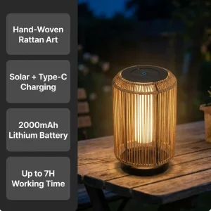 Solar Rattan Lantern Outdoor Waterproof Woven Garden Table Light for Patio and Yard