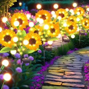 Solar Sunflower Garden Lights Warm White Globe Bulb IP65 Waterproof Dusk to Dawn Pathway Flower Bed Backyard Decor