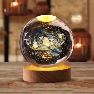 Solar System Moon Nebula 3d Art K9 Crystal Ball Night Lamp Luminous Crystal 3d Ball Lamp with Wooden Led Smart Home Light Base