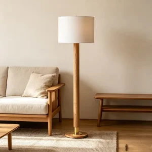 Solid Wood & Brass E27 Floor Lamp with White Fabric Shade Modern Minimalist Design for Living Room Bedroom Home Decor Lighting