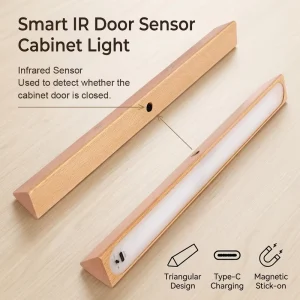 Solid Wood LED Cabinet Light with IR Sensor Magnetic Rechargeable Battery Powered for Wardrobe