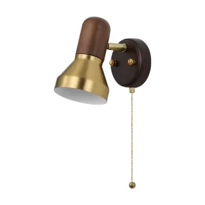 Solid Wood LED Wall Lamp with Rotatable Design and Pull Cord Switch Dimmable in Retro Style for Bedroom Living Room Hallway