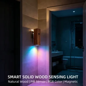 Solid Wood Mini Motion Sensor Wall Light RGB 360-Degree Rotation Magnetic Wireless Battery-Powered LED Spotlight