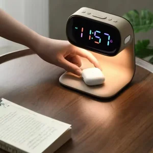 Space Saving 3 in 1 Design Modern ABS 15W Wireless Charging Smart Bedside Lamp with Alarm Clock Dimmable LED Night Light