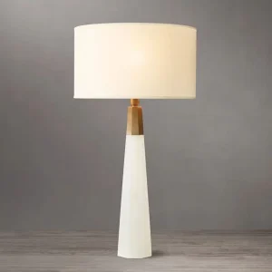 Spanish Alabaster Light Luxury Table Lamp with Drum Linen Shade Custom Decorative Lighting Villa Hotel Bedroom Interior Decor