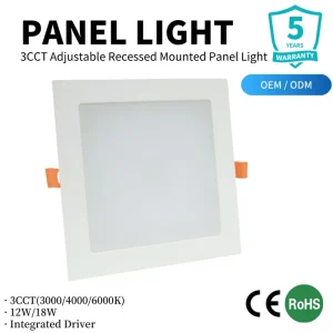 Square LED Panel Light 12W 18W 3CCT Selectable Recessed Ceiling Lamp CE RoHS Factory