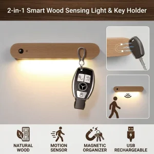 Square Mini Solid Wood Motion Sensor Night Light, Magnetic Key Holder, Rechargeable Wireless LED Lamp for Entryway