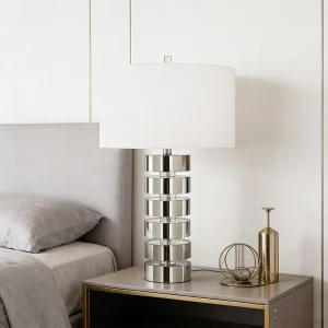 Stacked Polished Metal and Crystal Table Lamp with Fabric Shade Simple Sleek Modern Desk Lamp for Living Room Bedroom Office Decor
