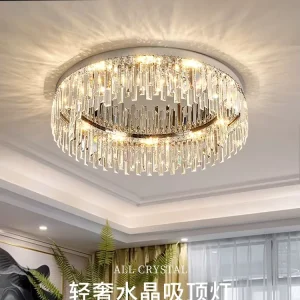 Steel and Crystal LED Ceiling Lamp with Warm White Light for Living Room Hotel