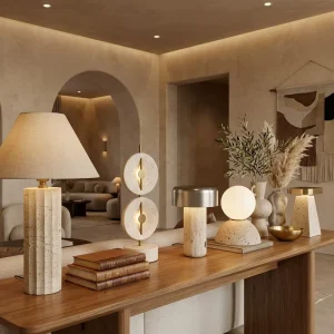 Stone Table Lamp Minimalist Travertine Modern Natural Desk Light for Hotel Bedroom Villa Living Room Decor