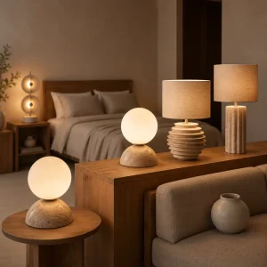 Stone Table Lamp Natural Travertine Decorative Desk Light for Hotel Home Living Room Villa Decor