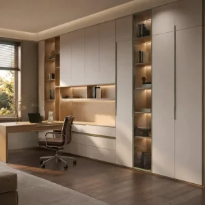Study Room Cabinets with L-Shaped Home Office Desk, Tall Storage, Illuminated Display Shelves