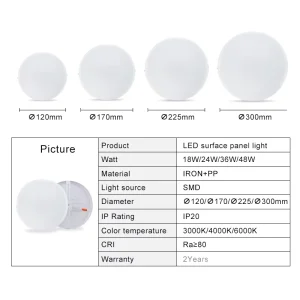 Surface-Mounted LED Ceiling Panel Light, 18W/24W/36W/48W, Iron/PP, SMD2835, Bedroom