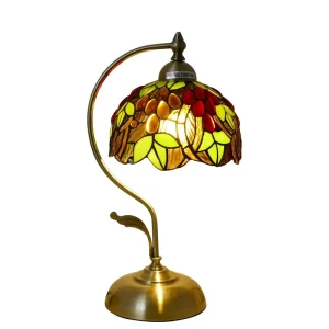 Table Lamp Grapes and Leaves Handmade Stained Glass Desk with Leaf Iron Base Vintage Curved Reading Lamp