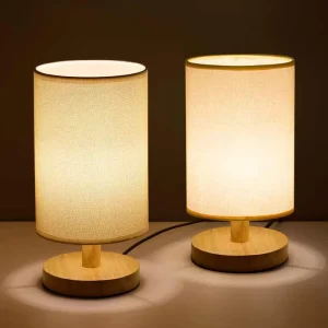 Table Lamp Modern Nightstand Lamp with Linen Fabric Shade Wooden Desk Lamps for Bedrooms Office