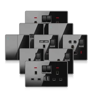 Tempered Glass Panel Black UK Wall Sockets 1 2 3 4 Gang USB Socket