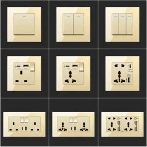 Tempered Glass Panel Wall Light Switch Outlet Golden UK Plug 13A Universal Socket USB Type C 18W 250V PC