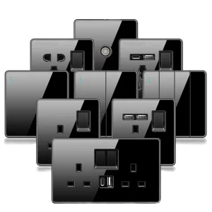 Tempered Glass Panel Wall Switch UK Standard 16A 4 Gang 1 Way or 4 Gang 2 Way Switched Socket