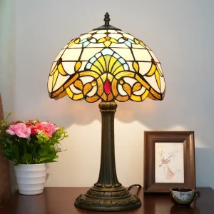 Tiffany Light Yellow Stained Glass Table Lamp 12 Inches Vintage Style Desk Lamp Bedside Nightstand Lamp for Living Room Bedroom