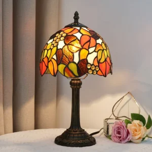 Tiffany Table Lamp Metal Leaf Yellow Red Grape Style Stained Glass Reading Lamp Antique Mission Lamp
