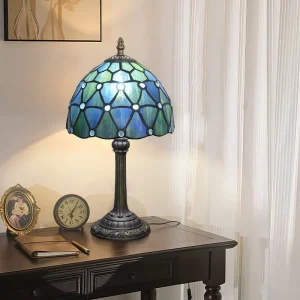 Tiffany Table Lamp Stained Glass Reading Lamp Blue Bead Bedside Desk Light Vintage Decor Room Bedroom Living Room Home Office